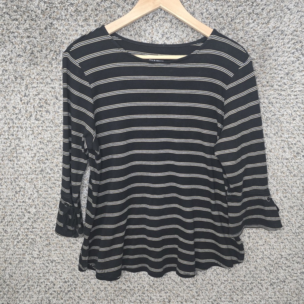 J Jill Top Womens MP Petite‎ Medium Black Striped Pima Tie Sleeve Tee Casual